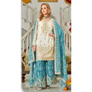 Karma Fashion, magnifique ensemble traditionnel musulman, haut et sharara avec de vrais travaux de miroir faits à la main, tenue de soirée, couleur ciel, taille M, dupatta - Product Image 2