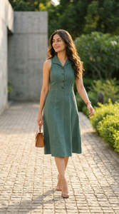 Vestido Midi Verde sin Mangas con Cuello en V, de Algodón y Fibra de Bambú, Informal, Transpirable, Tejido, de Color Sólido, para Uso Diario - Product Image 3