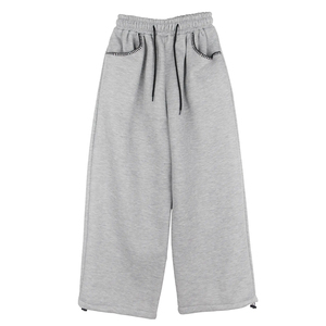 High Quality Men's Gray Wide Leg Sweatpants Elastic Waist Drawstring Closure Side Pockets Casual Autumn Knitted Cotton <b>Pants</b> - Product Image 1
