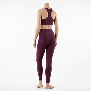Women Burgundy Ribbed <b>Long</b> <b>Sleeve</b> Crop Top High Waist Leggings Yoga <b>Set</b> <b>Gym</b> Fitness Workout Activewear <b>Set</b> - Product Image 3