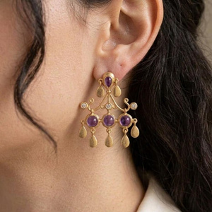 Hot Selling Gold Plated Brass Amethyst Chandelier <b>Earrings</b>, Party wear statement <b>earrings</b> for women - Product Image 2