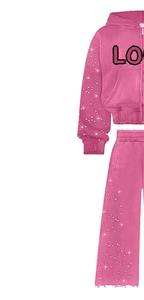 Survêtement rose à capuche pour filles, manches longues, imprimé pailleté, logo en strass, coupe décontractée, tenue d'automne - Product Image 5