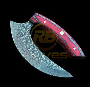 Handmade Damascus Ulu <b>Knife</b> Curved Blade Hunting Skinning <b>Knife</b> with Wooden <b>Handle</b> & Leather Sheath - Product Image 3