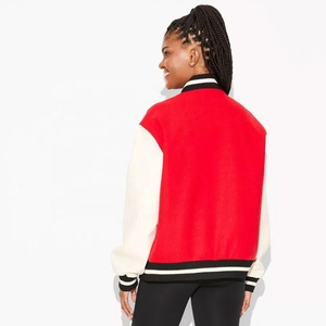 Veste universitaire rouge pour femme avec fermeture éclair, manches contrastées, col rabattable, en coton et polyester, vêtement d'extérieur d'automne, style baseball - Product Image 5