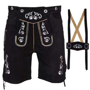 Shorts bavarois pour hommes, taille haute, motif floral brodé, fermeture boutonnée, longueur bermuda, style décontracté, en toile - Product Image 1