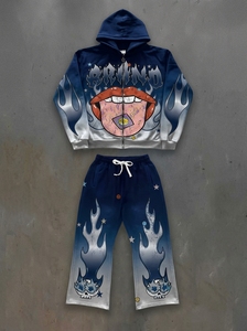 Conjunto de Sudadera con Capucha y Pantalones Deportivos para Hombre, Color Verde y Negro Degradado, con Estampado de Letras, Satén de Poliéster Transpirable, Estilo Gótico Urbano, Holgado, 2 Piezas - Product Image 2