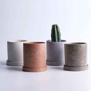Pot de fleurs moderne en ciment pour plantes succulentes d'intérieur et d'extérieur avec plateau de drainage, pot de fleurs en béton minimaliste décoratif - Product Image 1