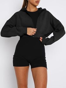 Sweat-shirt court à capuche zippé, couleur unie, manches longues, en mélange de coton tricoté, coupe oversize, décontracté, pour femme, haut d'automne - Product Image 2