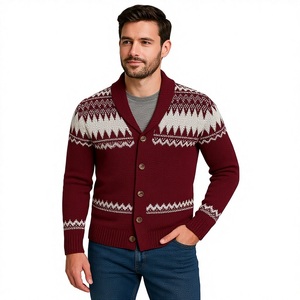 Cardigan en tricot jacquard pour homme, col châle, motif flocon de neige et renne, boutonné, chaud pour l'hiver, idéal pour les fêtes, vente en gros, personnalisable - Product Image 1