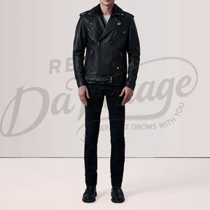 Veste de motard en cuir noir pour homme, classique, double fermeture éclair, en véritable peau de mouton, coupe ajustée, automne-hiver, avec ceinture - Product Image 5