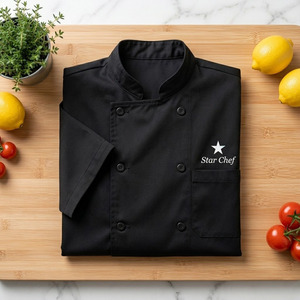 Chaqueta de Chef con Logotipo Personalizado en Relieve, Tela Tejida de Poliéster/Algodón, Corte Regular, Manga Corta, Cierre de Botones, Uniforme para Restaurante/Bar - Product Image 5