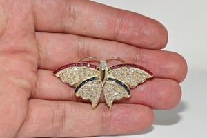 Broche de Mariposa Vintage Chapado en Oro de 14k con Plata 925, Moissanita, Rubí y Zafiro, con Incrustaciones, Regalo para Boda o Fiesta, Certificado GRA, 2.30CT, Engaste de Puntas - Product Image 3
