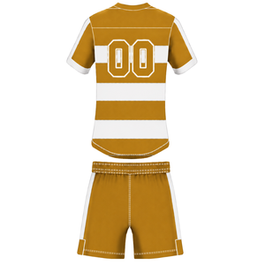 Ensemble uniforme de rugby à manches courtes blanc et marron doré, maillot de rugby rayé à col rond, short à cordon de serrage, performance athlétique pour équipe - Product Image 2