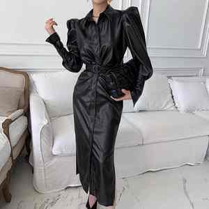 Vestido de Mujer de Piel Sintética con Mangas Abullonadas, Estilo Retro, Cuello Solapa, Cintura Ajustada, Novedad de Primavera, Venta al por Mayor para Boutiques - Product Image 5