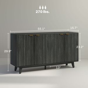 Credenza/Bar da Caffè a 4 Ante Grigio Anticato da 55 Pollici con Scanalature, 2 Ripiani Regolabili e 5 Gambe in Legno, Stile Rustico/Country - Product Image 3