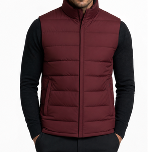 Chaleco acolchado burdeos para hombre, más vendido, con cuello alto, cierre de cremallera, a prueba de viento, chaqueta informal de invierno, color sólido - Product Image 1