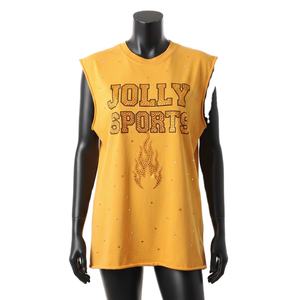 Camiseta sin mangas de algodón para mujer con estampado gráfico y logo de pedrería termoadhesiva, estilo largo. - Product Image 1