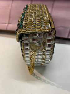 Luxury Green Stone Embellished Flap Closure Clutch <b>Bag</b> with Gold Chain Strap and Mirror <b>Work</b> Bridal Handbag for Women - Product Image 3