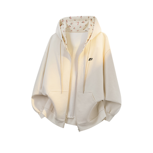 Sudadera con capucha extragrande personalizada para mujer, estilo vintage con estampado floral, forro interior, cremallera completa, color crema, de tejido grueso, informal. - Product Image 1