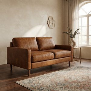 Sofá de Dos Plazas de Cuero Genuino Estilo Moderno de Mediados de Siglo, con Respaldo Acolchado, Brazos Cuadrados y Patas de Madera, Mueble de Sala de Estar - Product Image 1