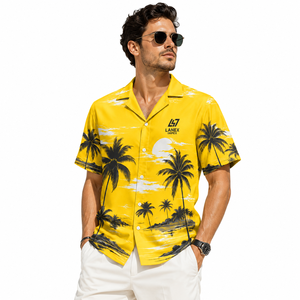 Custom Men Hawaiian Camp Collar <b>Button</b> <b>Up</b> Yellow <b>Shirt</b> Premium Polyester Tropical Sublimation Printed Beach Resort Casual <b>Shirt</b> - Product Image 1
