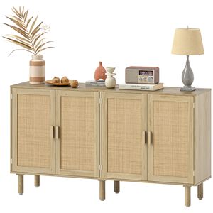 Credenza Artigianale Bohemien da 158 cm con 4 Ante in Rattan e Ripiani per Soggiorno o Corridoio in Stile Rustico, Legno Naturale - Product Image 1
