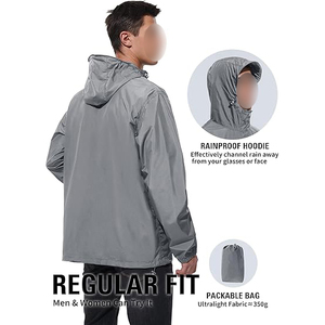 Men's Waterproof Hooded Windbreaker <b>Jacket</b> Gray Lightweight Casual Spring Outerwear With Button Closure And Drawstring Hood - Product Image 3