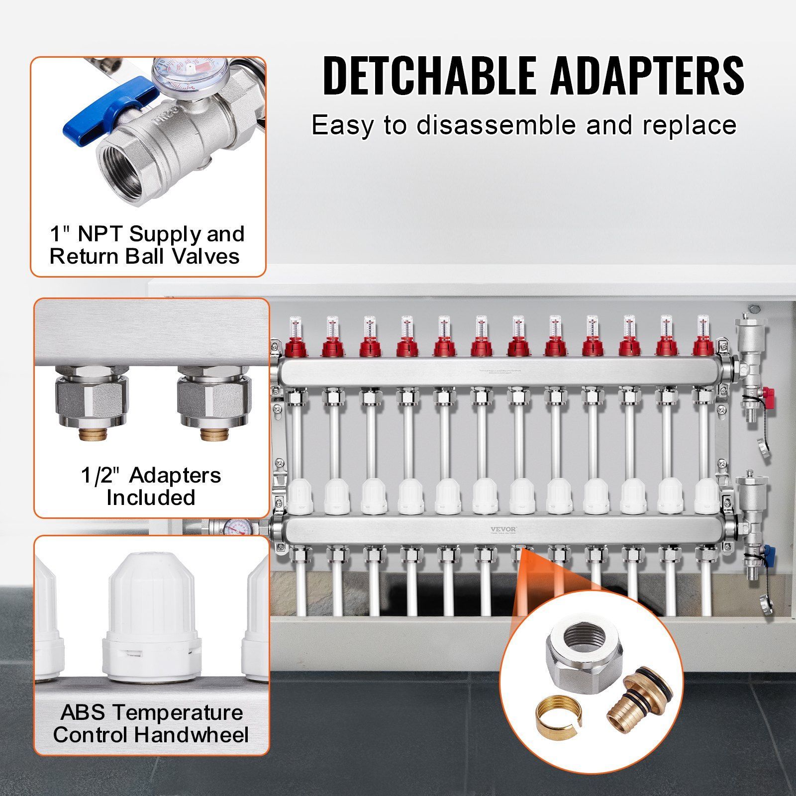 4 Loop Stainless Steel Radiant Heat Manifold Set With 1/2″ PEX Adapters – Gator Chomp