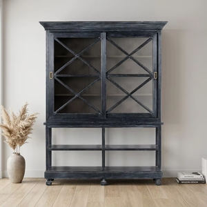 Vintage Salvado Cabinet Premium Eco-Friendly Durable <b>Solid</b> Teak <b>Wood</b> Display <b>Bookcase</b> X-Motif Glass Sliding Doors Living Room - Product Image 1