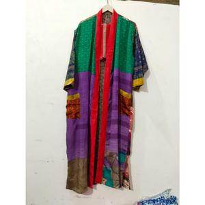 Robe Kimono Maxi Vintage en Soie Recyclée pour Femme, Élégante, Patchwork, Col en V, Cordon de Serrage, Respirante, Séchage Rapide, Idéale pour l'Été - Product Image 5