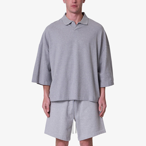 Polo en jersey de coton gris pour homme, manches courtes, décontracté, couleur unie, respirant, design tricoté, coupe classique - Product Image 1