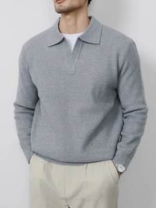 Suéter de Punto para Hombre, Estilo Coreano, Suave y Grueso, Cuello Polo, Minimalista, Manga Larga, Color Sólido, Informal, para Otoño y Primavera - Product Image 6