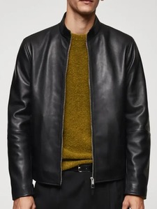 Chaqueta de cuero negra con cremallera para hombre, estilo motero - Product Image 1