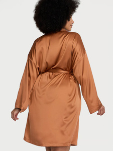 Vestido tipo bata de satén de seda marrón para mujer, manga tres cuartos, cuello oblicuo, largo hasta la rodilla, elegante, para otoño - Product Image 5