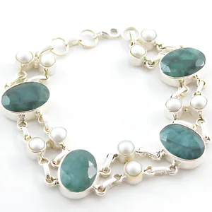 Pulsera india hecha a mano de plata de ley 925 con perla de agua dulce y cuarzo verde para mujer, regalo de joyería. - Product Image 1