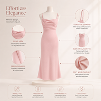 Robe longue élégante en satin mélangé rose poudré, col drapé, bretelles ajustables, coupe écoresponsable, ample, ligne A, taille naturelle