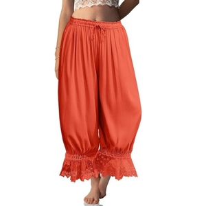 Women's Orange Chiffon Harem <b>Pants</b> High Waist Loose Calf-Length Bohemian Style With Lace Trim Drawstring Closure Summer Wear - Product Image 1