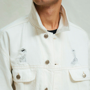 Men's White <b>Denim</b> <b>Jacket</b> Loose Fit Button Fly Solid Color Casual Autumn Cotton Washable Ripped Distressed Style - Product Image 5