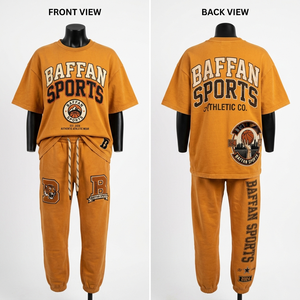 Conjunto Premium de Camiseta y Pantalones Cargo de Felpa de Algodón de 240 GSM, Color Mostaza, Estilo Urbano, con Estampado Puff, Serigrafía y Logotipo Personalizado para Mujer - Product Image 1