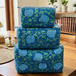 Ensemble de boîtes de rangement brodées de fleurs bleues, trousse de toilette bohème multifonction sans fermeture éclair, grande capacité, coussin décoratif - Product Image 1