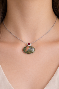 Pendentif ovale en jaspe unakite et grenat, en argent sterling 925 plaqué or rose et or jaune, fait main, bijou statement, cadeau unisexe - Product Image 6