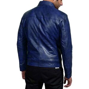 <b>Men's</b> Blue Genuine <b>Leather</b> <b>Jacket</b> Turn-down Collar Zipper Closure Casual Regular Fit <b>Jacket</b> For Sale - Product Image 4