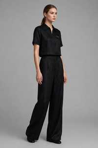 Women's Black Short Sleeve Zip Polo <b>Top</b> <b>and</b> Wide Leg Pants <b>2</b> <b>Piece</b> Long <b>Set</b> - Product Image 4