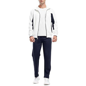 Veste de survêtement blanche pour homme avec fermeture éclair intégrale, empiècements latéraux marine et pantalon assorti, tenue décontractée pour le printemps, matière polyester respirante - Product Image 1
