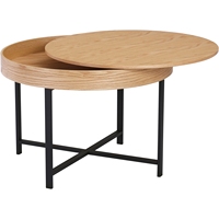 Table basse moderne en bois courbé avec plateau en placage de chêne naturel, structure en acier et compartiment caché pour salon