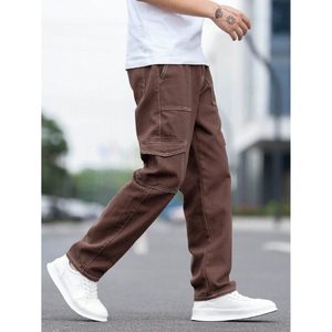 Jean cargo en denim marron moderne pour homme, coupe ample, style vintage, écologique, respirant, hiver, délavé, grande taille, thème rétro - Product Image 4