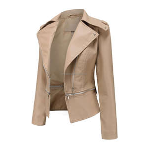 แจ็กเก็ตผู้หญิงหนังขี่จักรยานสีเบจแบบแยกชายเสื้อโค้ทเข้ารูปแขนยาวปกมีซิป - Product Image 5