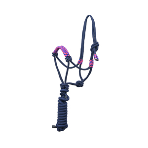 Longe d'entraînement réglable en corde tressée de nylon bleu marine avec muserolle perlée rose et bleue, OEM en gros - Product Image 5