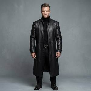 <b>Men</b> Genuine Leather Long <b>Trench</b> <b>Coat</b> Stand Collar Single Breasted Overcoat With Buttons Regular Fit - Product Image 3