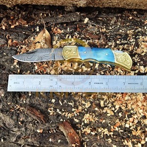 Custom Damascus Hunting <b>Knife</b> Blue <b>Bone</b> <b>Handle</b> Fixed Blade Skinning <b>Knife</b> for Camping, Bushcraft & Outdoor Adventures - Product Image 2